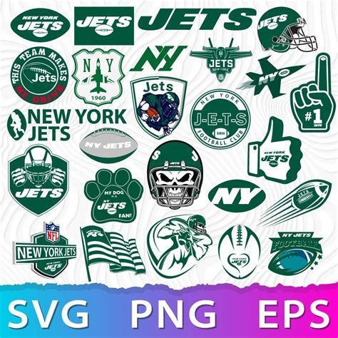 the new york jets svg bundle is shown in green, white and blue colors