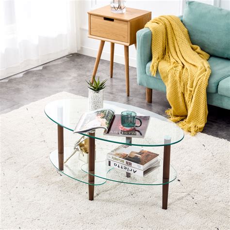 Holaki Transparent Oval Glass Coffee Table, Modern 3-layer Glass Table ...