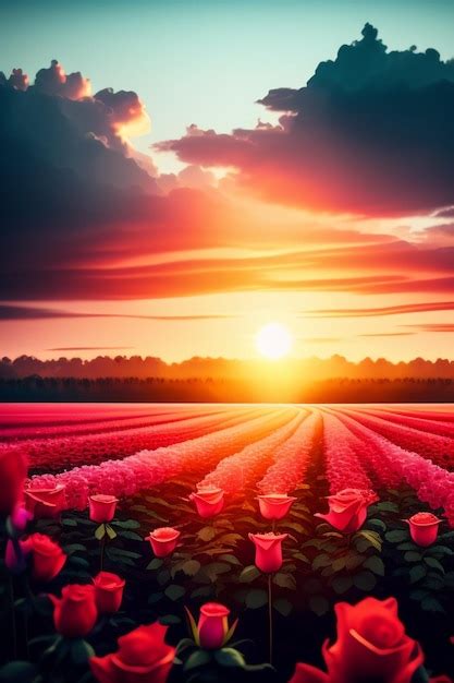 Premium AI Image | rose flower field with aesthetic sky