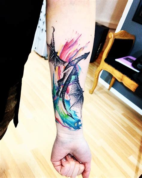 Watercolor dragon forearm tattoo | Watercolor dragon tattoo, Dragon ...