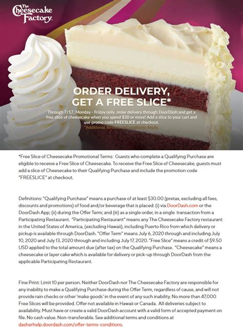 Free slice of cheesecake with $30 delivery at The Cheesecake Factory ...