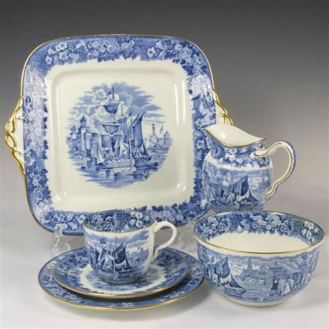 ANTIQUE WEDGWOOD BLUE & WHITE BONE CHINA TEA SET SAILING SHIP IN PORT ...