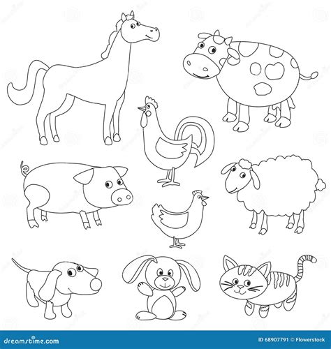 Cute Cartoon Farm Animals and Birds for Coloring Book Stock Vector ...