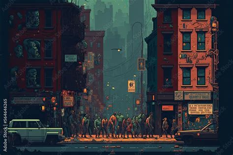 Pixel art city in zombie apocalypse, background in retro style for 8 ...