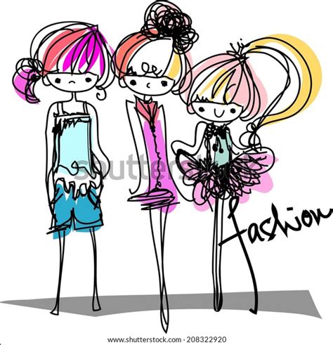 Three Girls Fashion Show Cartoon Look Stock Vector (Royalty Free) 208322920