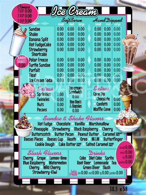 a menu for ice cream and desserts in front of a storefront with prices ...