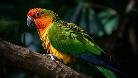 Vibrant macaw perching on branch in tropical rainforest beauty ...