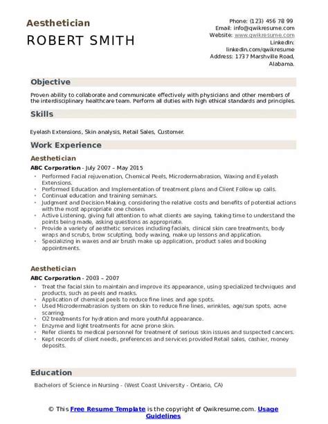 Aesthetician Resume Samples | QwikResume