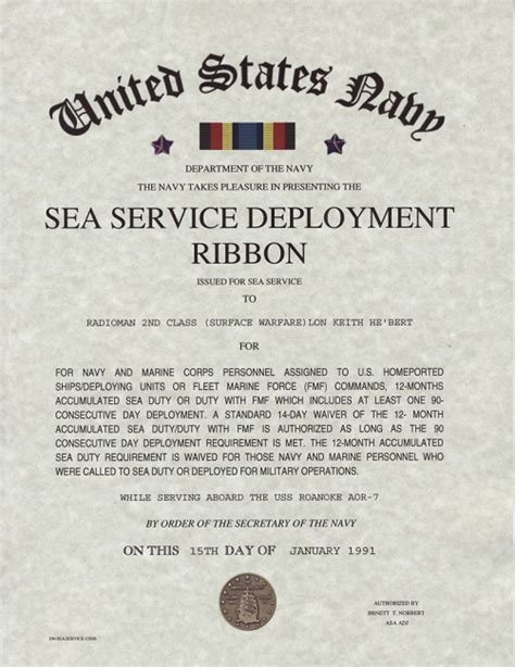 Navy Marine Corps Sea Service Deployment Ribbon Certificate