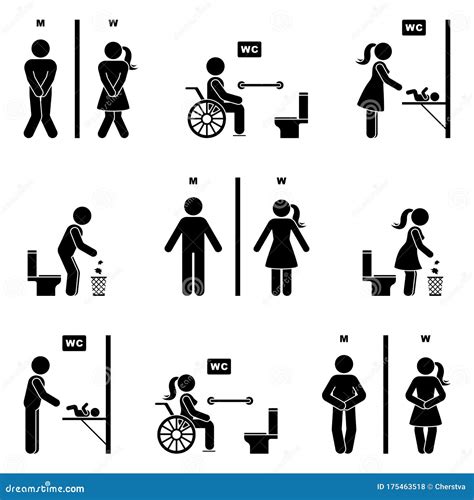 Toilet Icon Stick Figure Man, Woman Silhouette Pictogram Vector. Funny ...