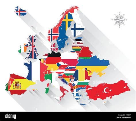 Europe vector high detailed map mixed with national flags Stock Vector ...