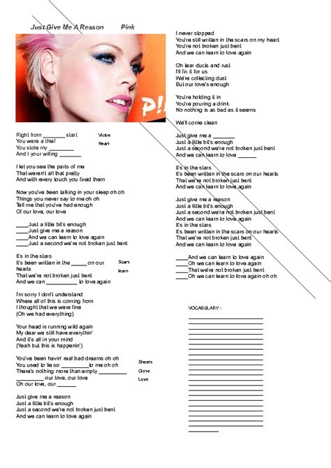 Song Worksheet: Just Give Me A Reason by Pink