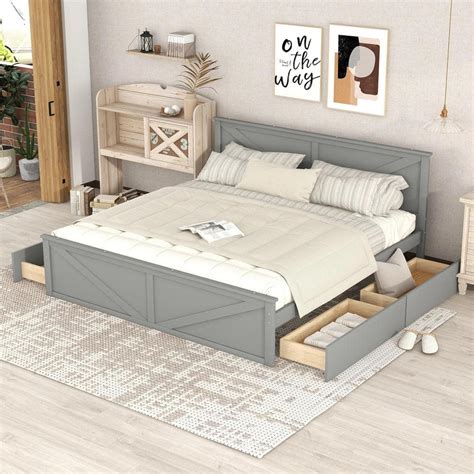 Harper & Bright Designs Gray Wood Frame King Size Platform Bed with 4 ...