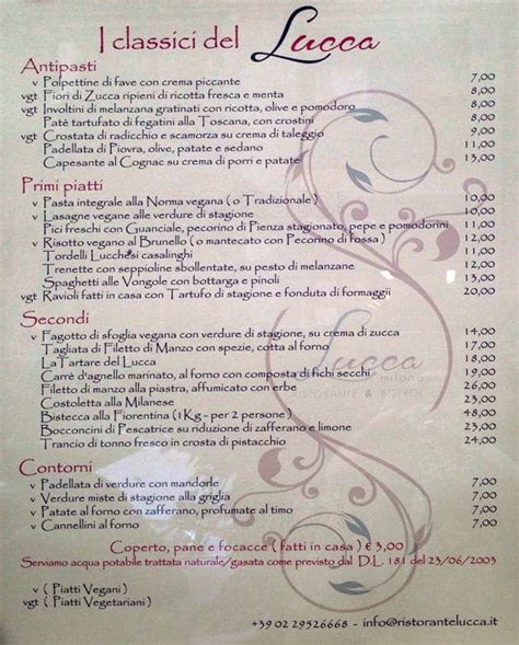 Menu at Ristorante Lucca, Milan