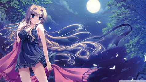 Anime Anime Girls Blue Eyes Moon Long Hair Nightgown Wallpaper ...