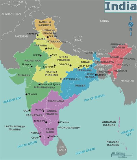 Map of India regions: political and state map of India