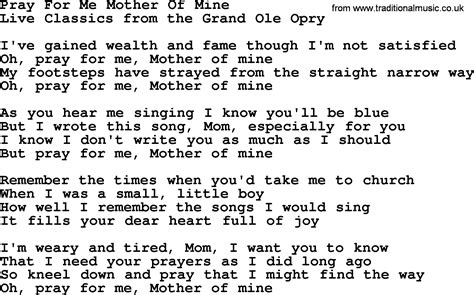 Pray For Me Mother Of Mine, by Marty Robbins - lyrics