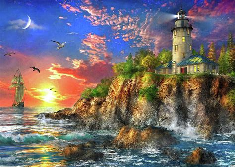 The Ocean Sunset Lighthouse Painting by MGL Meiklejohn Graphics ...