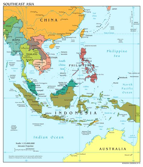 Large scale political map of Southeast Asia with capitals and major ...