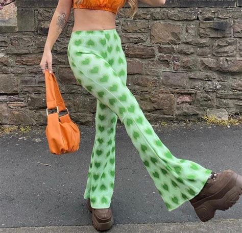 Green Heart Printed Flare Pants Women Festival Aesthetic - Etsy