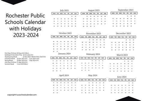 Rochester Public Schools Calendar with Holidays 2023-2024