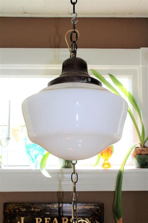 Vintage Schoolhouse Light Swag Lamp Milk Glass Shade Rustic Farmhouse