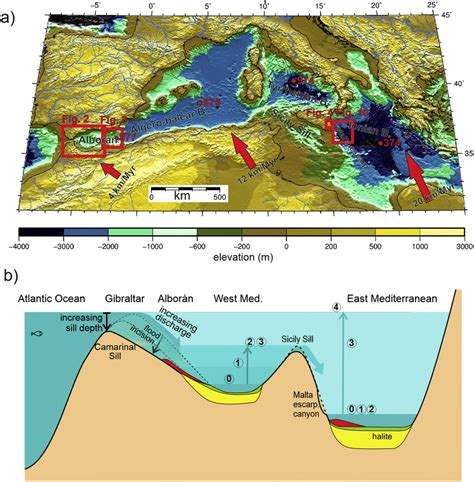 a) Topographic map of the Ionian Sea and western Mediterranean showing ...