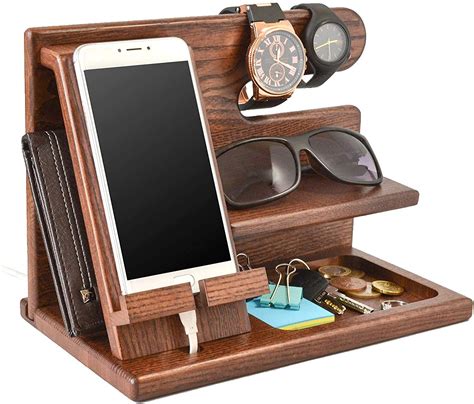 TESLYAR Wood Phone Docking Station Ash Key Holder Wallet Stand Watch ...