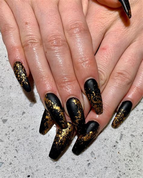 Acrylic nails, black nails, gold nails, gold flakes, nail art, nail ...