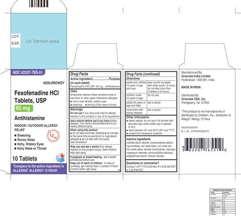 Fexofenadine HCl Tablets USP, 60 mg and 180 mg