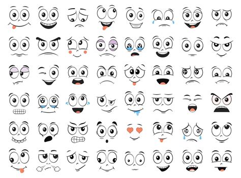 Cartoon faces set. Angry, laughing, smiling, crying, scared and other ...