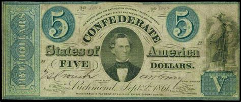 Confederate Currency 5 Dollar Treasury Bill September 2, 1861 Richmond ...