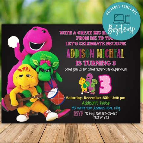 Printable Barney Birthday Invitation Instant Download | Bobotemp