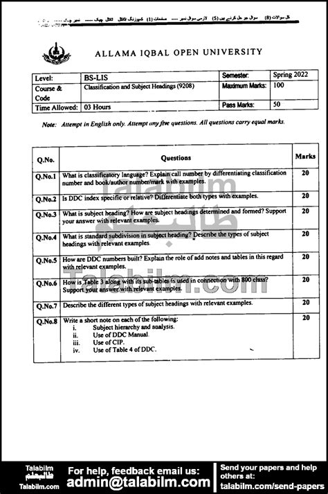 Classification and Subject Headings Code No. 9208 Spring 2022 Past ...