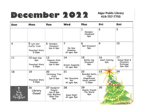 December events calendar for Alger Public Library | Ada Icon