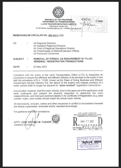 Official LTO Memo: Engine, Chassis Number Stencil For "plain Renewal ...