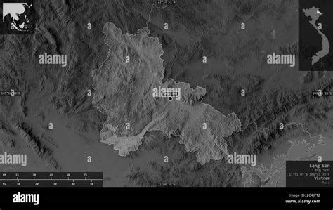 Lạng Sơn, province of Vietnam. Grayscaled map with lakes and rivers ...