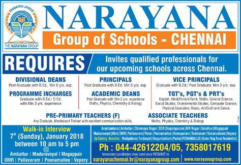 Narayana Group Of Schools Chennai Requries Ad - Advert Gallery