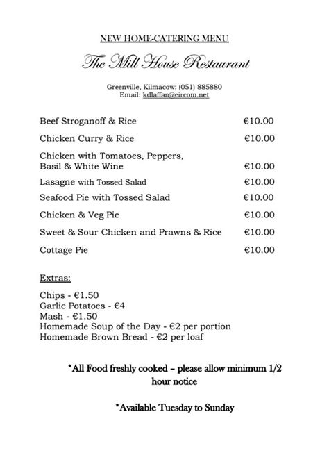 Menu at Mill House restaurant, Ireland, Greenvill