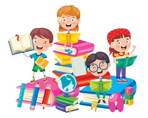 Happy School Kids on Big Books Learning 1219722 Vector Art at Vecteezy