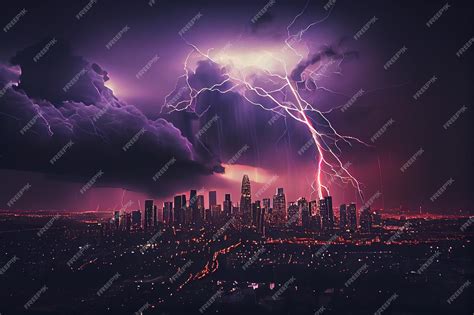 Premium Photo | Lightning strikes the city at nightgenerative ai