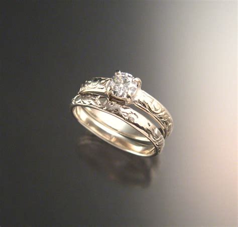 White Sapphire Wedding set 14k White Gold Diamond substitute Victorian ...