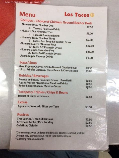 Menu at Los Tacos restaurant, Waukesha