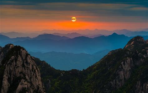 HD wallpaper: China Anhui Huangshan, dawn, sunrise, mountains, trees ...