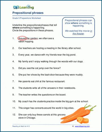 Prepositional phrases worksheets for grade 5 | K5 Learning