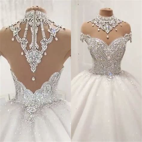 Luxury Ball Gown Wedding Dresses Sheer Cap Sleeves Tulle Diamond ...