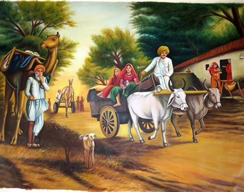 Handmade Canvas Oil Painting: Traditional Indian Village