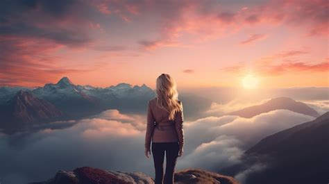 Premium AI Image | a woman on top of a mountain peak with view of ...