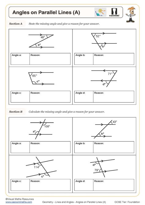 Angles on Parallel Lines (A) Worksheet | Printable Maths Worksheets