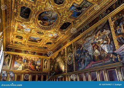 Inside the Doge`s Palace Palazzo Ducale in Venice. Panoramic View of ...